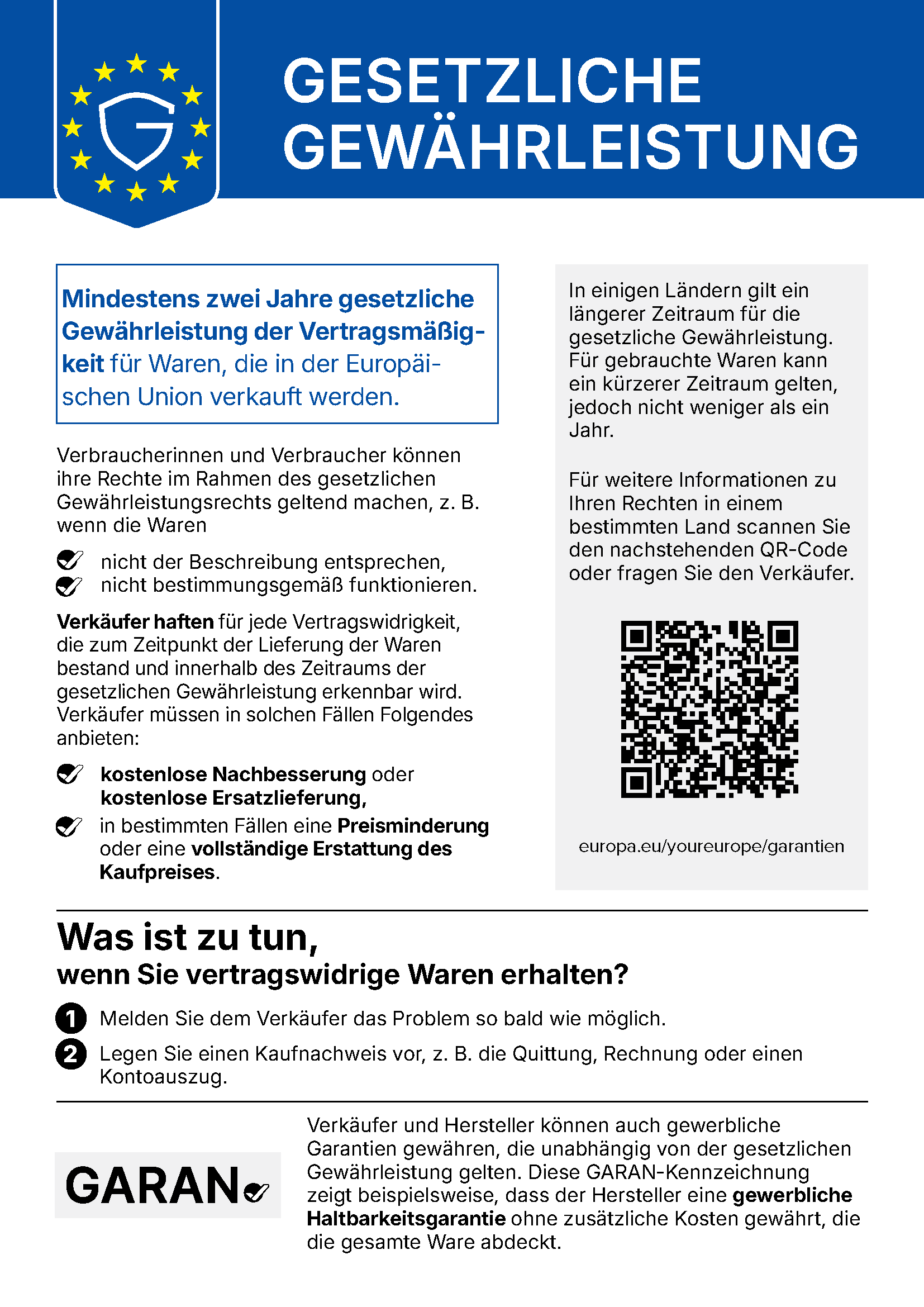 Harmonisierte EU-Mitteilung zur gesetzlichen Gewährleistung: gesetzliche Gewährleistung von mindestens zwei Jahren für Waren, die in der Europäischen Union verkauft werden.